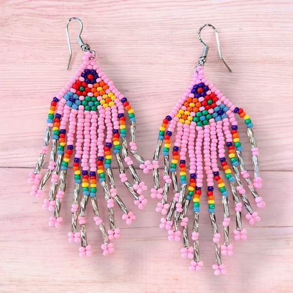 Pink and Silver Beaded Chandelier Earrings Pink Pony Club inspired - Picture 5 of 16